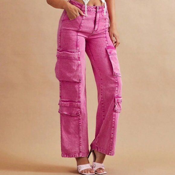 Casual Flap Pocket Cargo Denim Jeans Pink - Picture 2 of 4